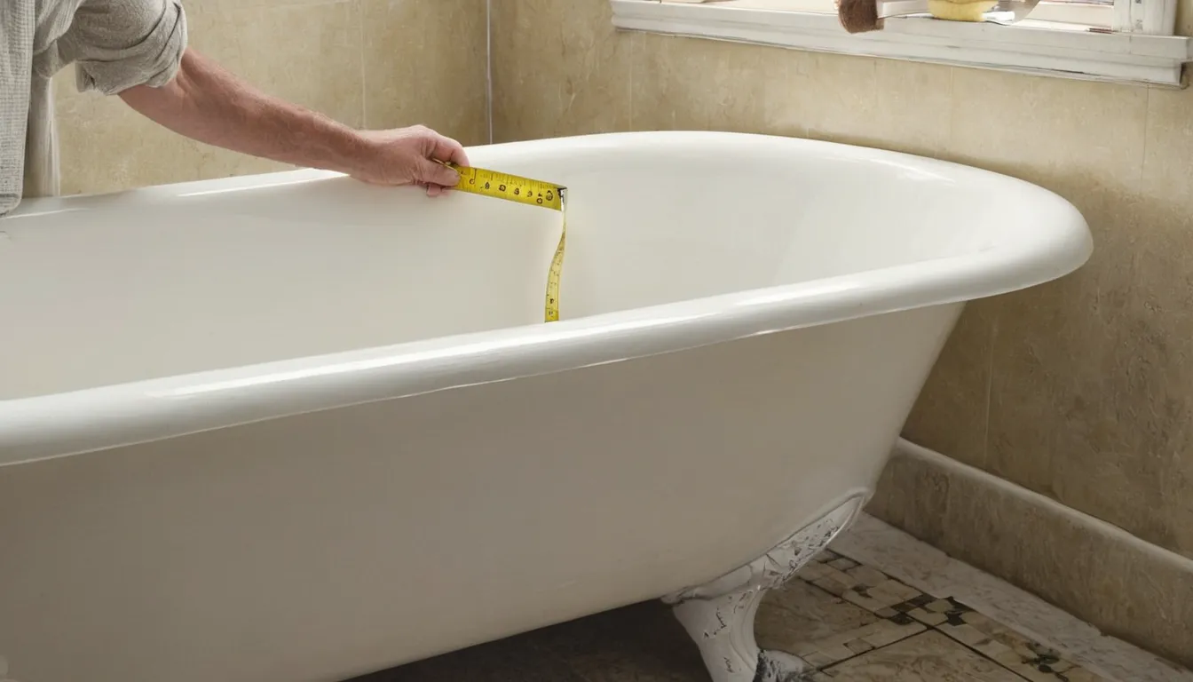 A homeowner measuring a bathtub before requesting an estimate