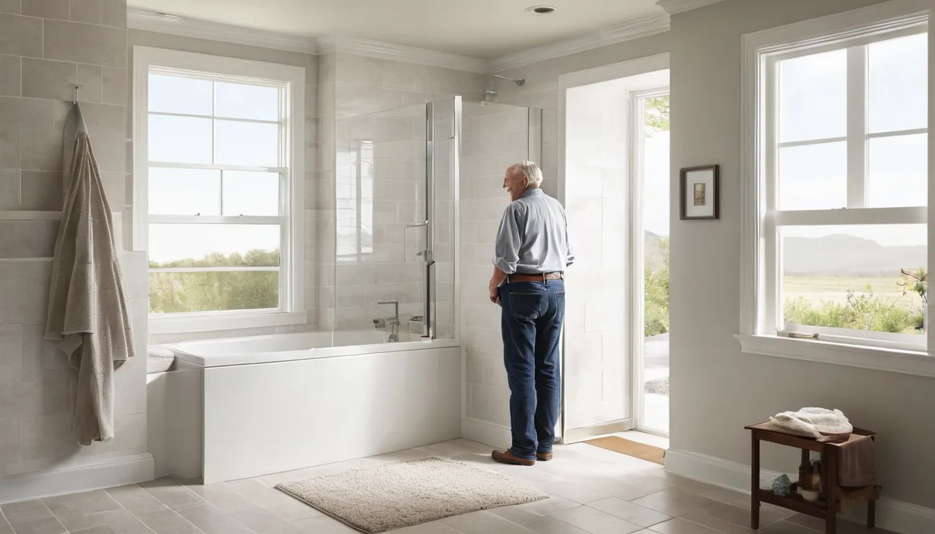 A homeowner reviewing a walk-in tub with a local provider in a bright bathroom in Dublin